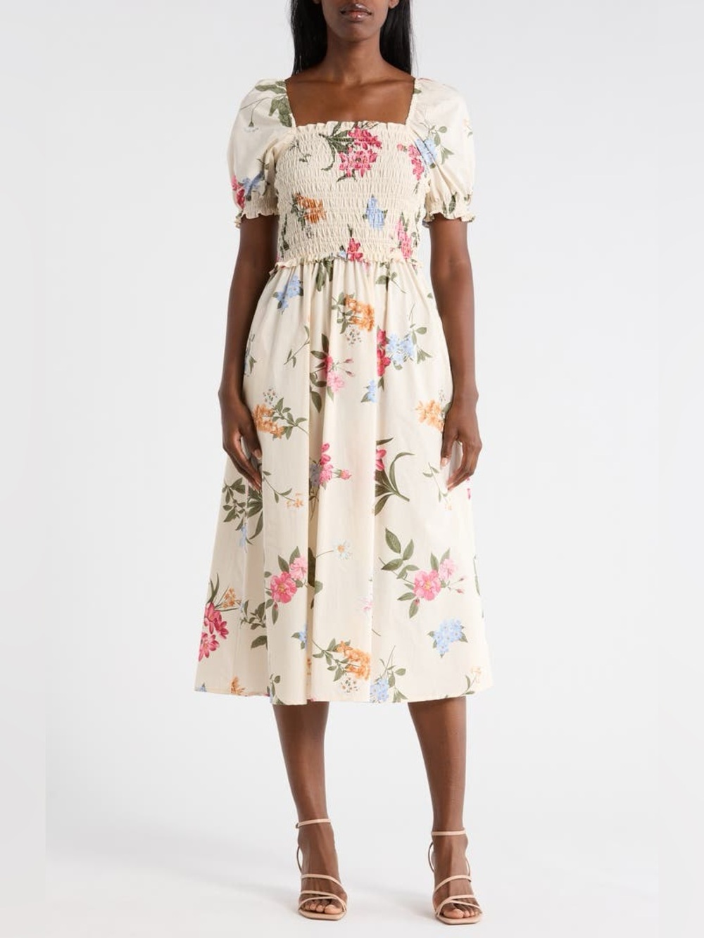 Ellen Tracy Cream Floral Smocked Square-Neck Midi Dress